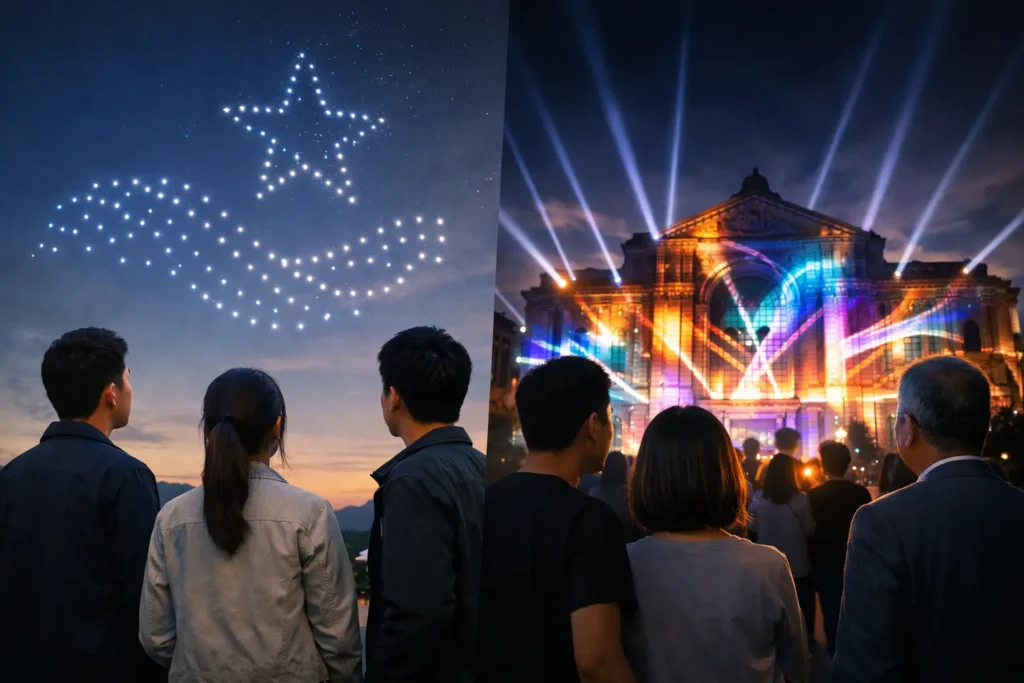 Drone Formations Versus Projection Mapping