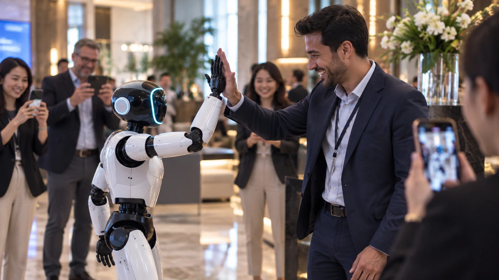 Guest interacting with a humanoid robot at an event in Singapore