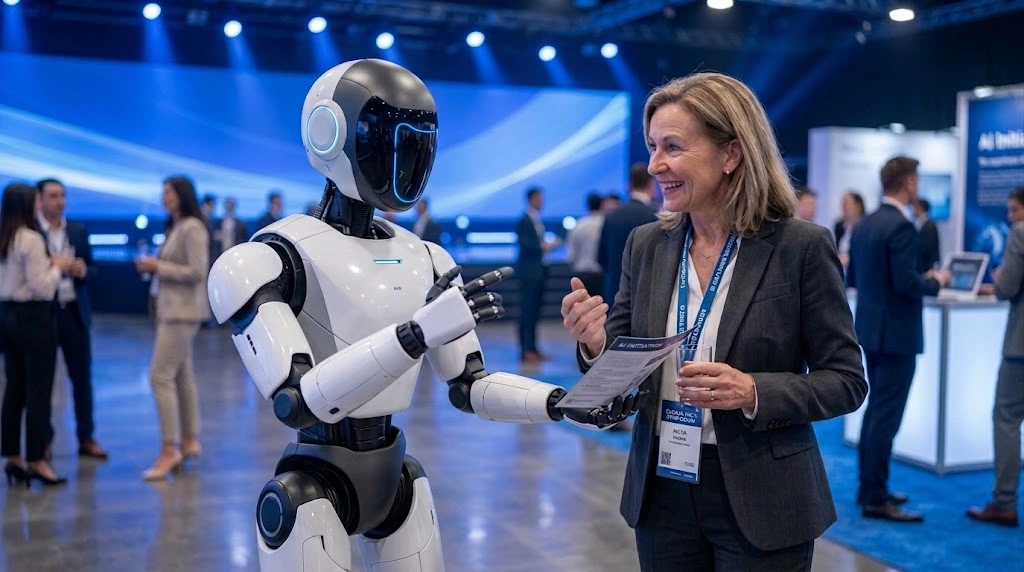 Corporate event guest interacting with a humanoid robot in Singapore