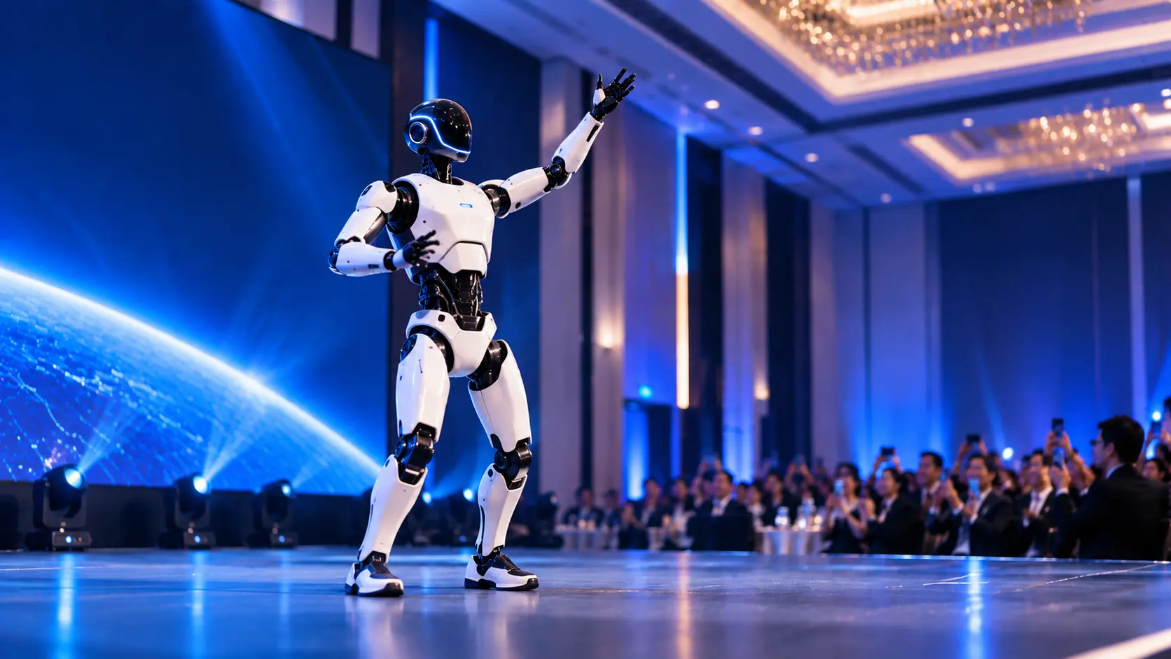 Humanoid robot performance at a corporate event in Singapore